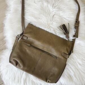 Lucky Brand Harper foldover crossbody bag In Olive Leather Tasseled Boho